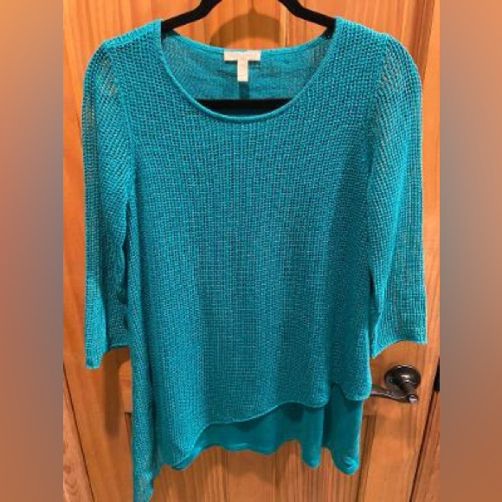 EILEEN FISHER GREEN ORGANIC LINEN ASYMMETRICAL OPEN KNIT‎ SWEATER TUNIC SIZE XS